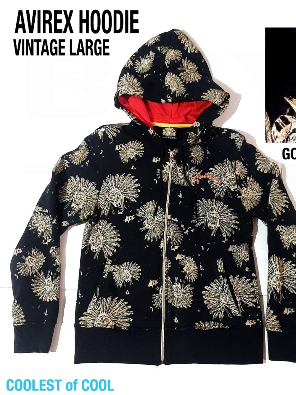 vintage AVIREX Hoodie Sweatshirt Indian Chief Skull All Over Print Black Gold